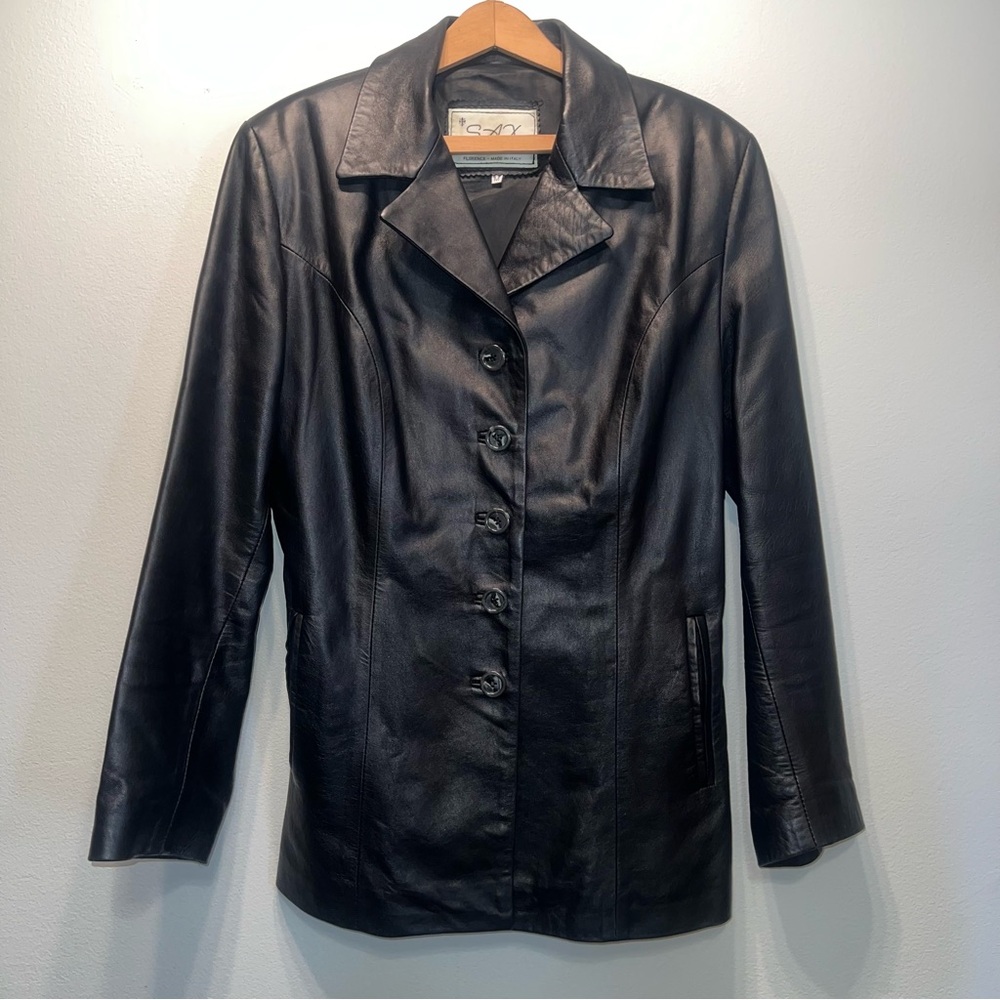 Women's SAX LEATHER FACTORY Jacket Black Button Up Collared Lined M Italy Made